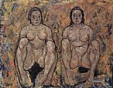 Egon Schiele Famous Paintings - Squatting women's pair